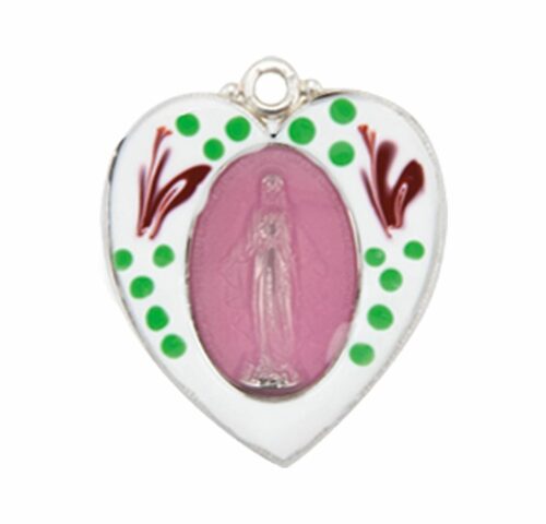 Sterling Silver Flower Enameled Heart Shape Miraculous Medal - Image 2