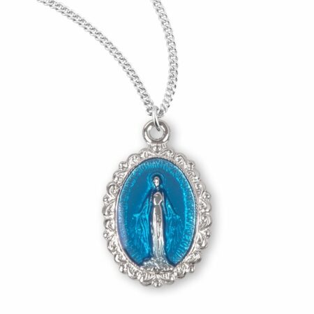 Sterling Silver Oval Blue Enameled Miraculous Medal