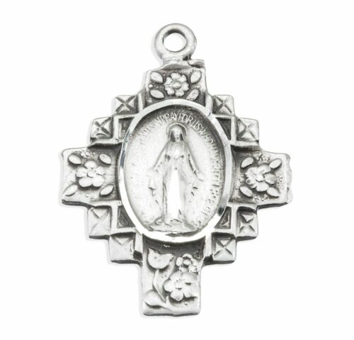 Sterling Silver Flowered Cross Miraculous Medal - Image 2