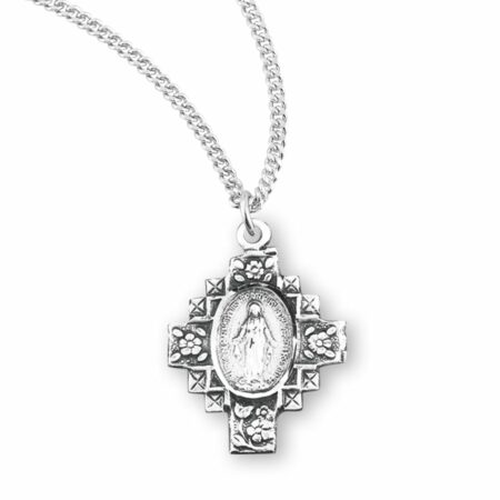 Sterling Silver Flowered Cross Miraculous Medal