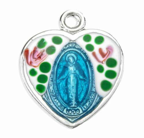 Sterling Silver Flower Enameled Heart Shape Miraculous Medal - Image 2