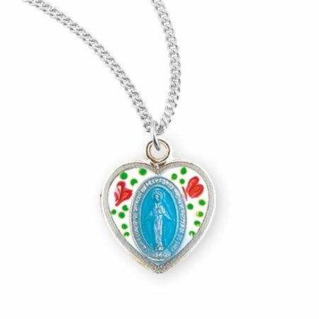 Sterling Silver Flower Enameled Heart Shape Miraculous Medal