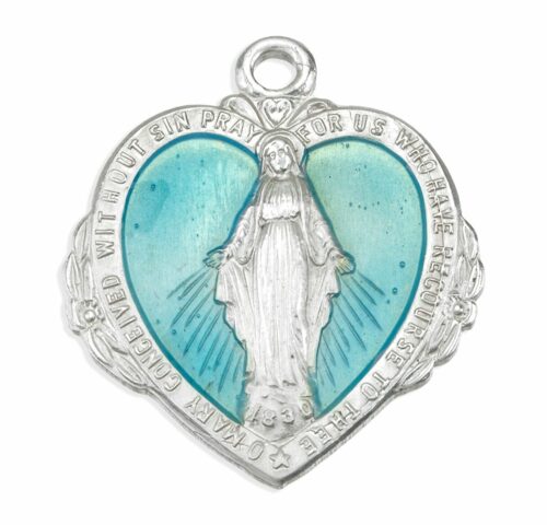 Sterling Silver Blue Enameled Heart Shape Miraculous Medal - Image 2