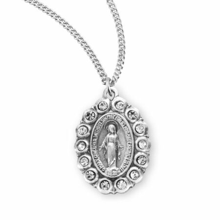 Sterling Silver Oval Miraculous Medal Set with Clear Crystals