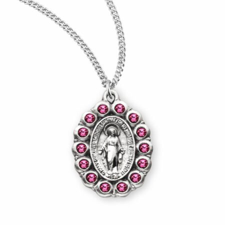 Sterling Silver Oval Miraculous Medal Set with Pink Crystals