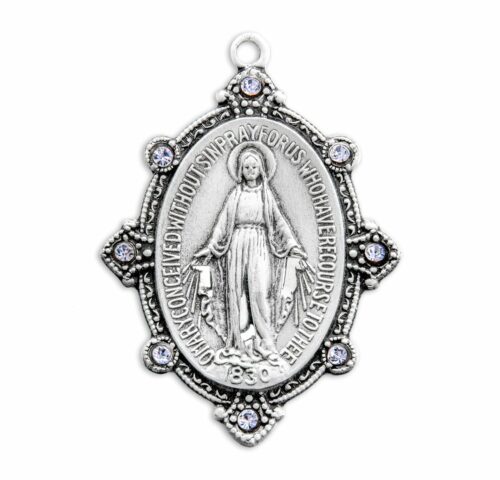 Sterling Silver Oval Miraculous Medal with Set Clear Crystals - Image 2