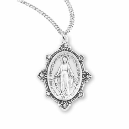 Sterling Silver Oval Miraculous Medal with Set Clear Crystals