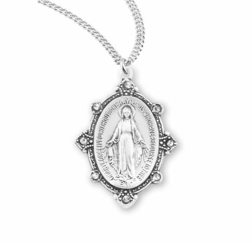 Sterling Silver Oval Miraculous Medal with Set Clear Crystals