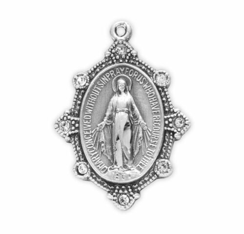 Sterling Silver Oval Miraculous Medal Set with Clear Crystals - Image 2