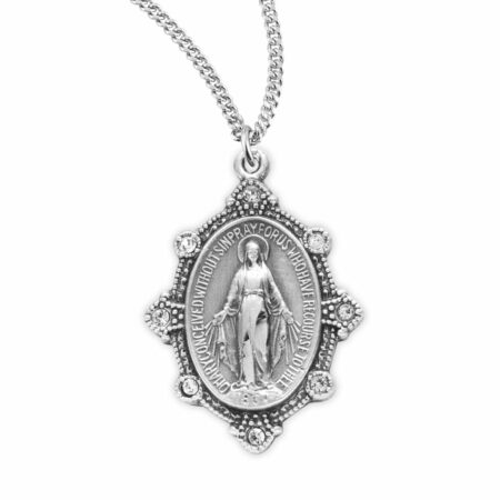 Sterling Silver Oval Miraculous Medal Set with Clear Crystals