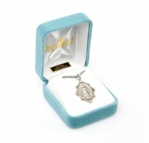 Sterling Silver Oval Miraculous Medal Set with Clear Crystals - Image 4