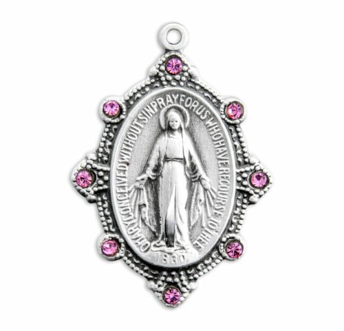 Sterling Silver Oval Miraculous Medal Set with Pink Crystals - Image 2