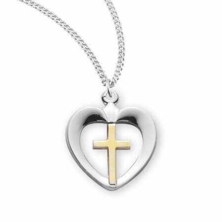 Two-Tone Sterling Silver Cross in Heart Pendant