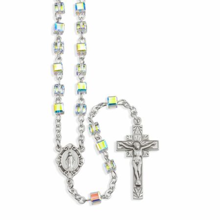Sterling Silver Rosary handmade with Swarovski Crystal 4mm Aurora Borealis Cube Shape Beads by HMH