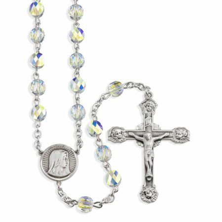 Sterling Silver Rosary handmade with Swarovski Crystal 6mm Aurora Borealis Semi-Flat Oval Beads by HMH