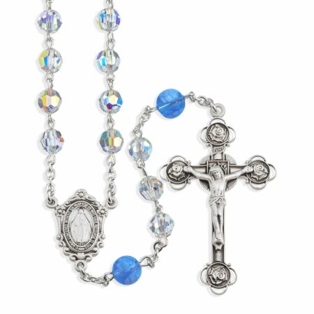Sterling Silver Rosary handmade with Swarovski Crystal 7mm Aurora Borealis Semi-Flat Oval Beads and Blue Murano Glass Round Beads by HMH