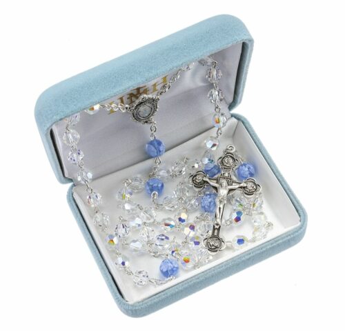 Sterling Silver Rosary handmade with Swarovski Crystal 7mm Aurora Borealis Semi-Flat Oval Beads and Blue Murano Glass Round Beads by HMH - Image 2