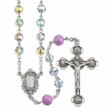 Sterling Silver Rosary handmade with Swarovski Crystal 7mm Aurora Borealis Semi-Flat Oval Beads and Pink Murano Glass Round Beads by HMH