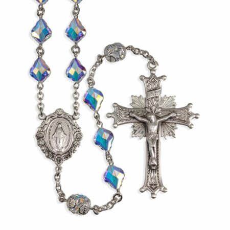 Sterling Silver Rosary handmade with Swarovski Crystal 10mm Aurora Borealis Multi-faceted Beads by HMH