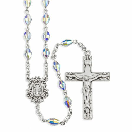 Sterling Silver Rosary handmade with Swarovski Crystal 7.5mm x 5mm Aurora Borealis Beads by HMH
