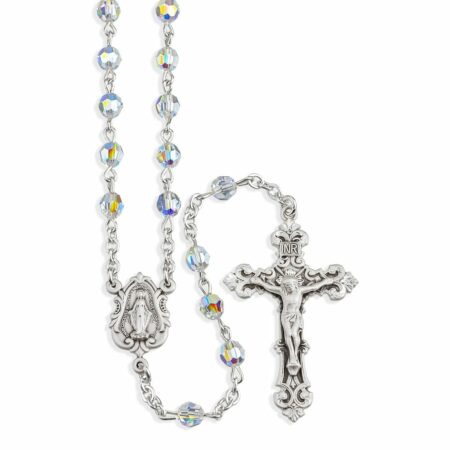 Sterling Silver Rosary Hand Made with Swarovski Crystal 5mm Aurora Borealis Faceted Round Beads by HMH