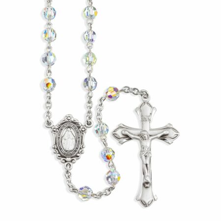 Sterling Silver Rosary Hand Made with Swarovski Crystal 6mm Aurora Borealis Faceted Round Beads by HMH
