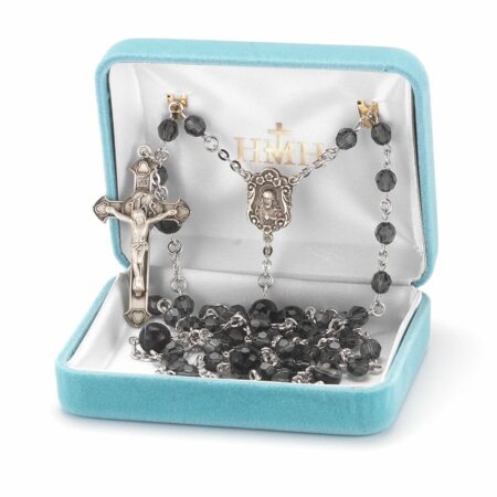 Sterling Silver Rosary Hand Made with Swarovski Crystal 6mm Graphite Faceted Round Beads by HMH