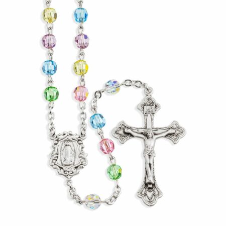 Sterling Silver Rosary Hand Made with Swarovski Crystal 6mm Multi-Color Faceted Round Beads by HMH
