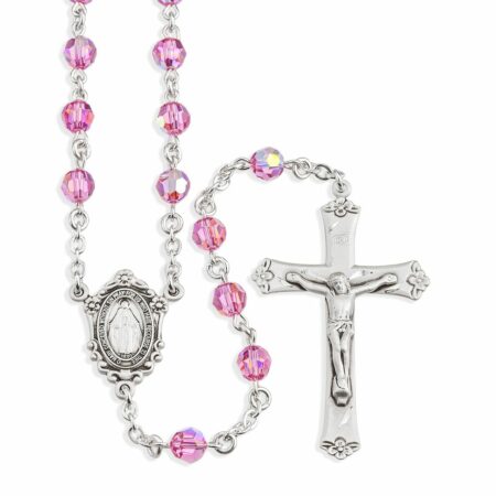 Sterling Silver Rosary Hand Made with Swarovski Crystal 6mm Pink Faceted Round Beads by HMH