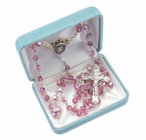 Sterling Silver Rosary Hand Made with Swarovski Crystal 6mm Pink Faceted Round Beads by HMH - Image 2