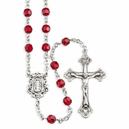 Sterling Silver Rosary Hand Made with Swarovski Crystal 6mm Ruby Faceted Round Beads by HMH