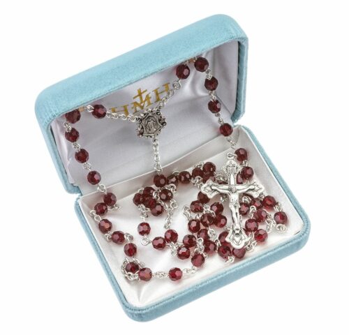 Sterling Silver Rosary Hand Made with Swarovski Crystal 6mm Ruby Faceted Round Beads by HMH - Image 2