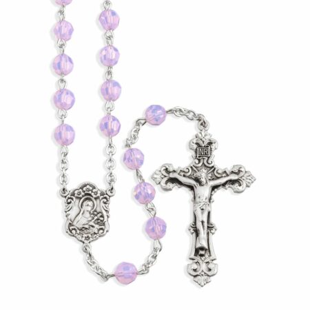 Sterling Silver Rosary Hand Made with Swarovski Crystal 6mm Rose Opal Faceted Round Beads by HMH