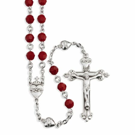 Sterling Silver Rosary Hand Made with Swarovski Crystal 6mm Red Coral Faceted Round Beads by HMH