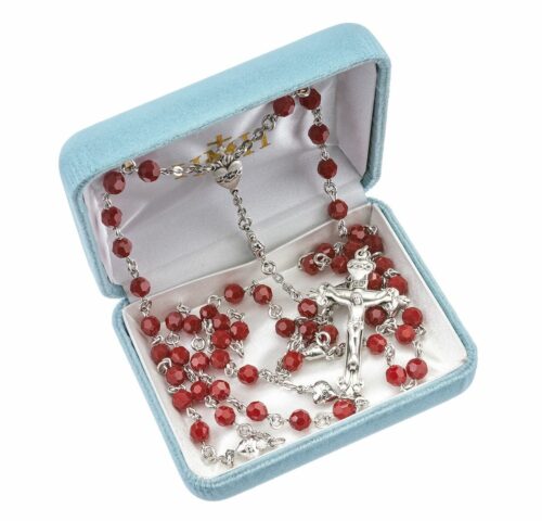 Sterling Silver Rosary Hand Made with Swarovski Crystal 6mm Red Coral Faceted Round Beads by HMH - Image 2