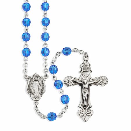 Sterling Silver Rosary Hand Made with Swarovski Crystal 6mm Sapphire Faceted Round Beads by HMH