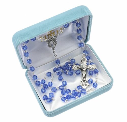 Sterling Silver Rosary Hand Made with Swarovski Crystal 6mm Sapphire Faceted Round Beads by HMH - Image 2