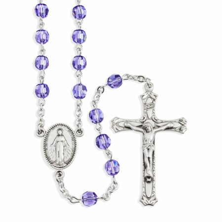 Sterling Silver Rosary Hand Made with Swarovski Crystal 6mm Tanzanite Faceted Round Beads by HMH