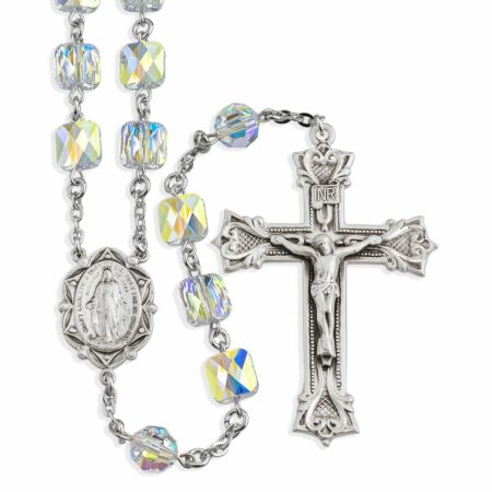 Sterling Silver Rosary Hand Made with Swarovski Crystal 8mm Aurora Borealis Square Beads by HMH