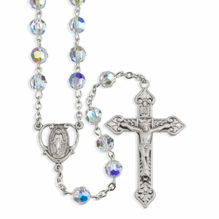 Sterling Silver Rosary Hand Made with Swarovski Crystal 7mm Aurora Borealis Faceted Beads by HMH