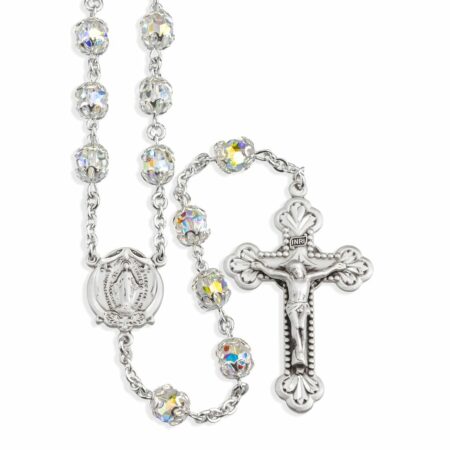 Sterling Silver Rosary Hand Made with Swarovski Crystal 7mm Aurora Borealis Beads by HMH