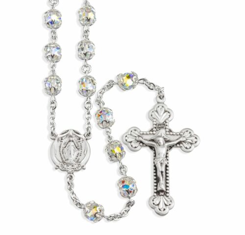 Sterling Silver Rosary Hand Made with Swarovski Crystal 7mm Aurora Borealis Beads by HMH