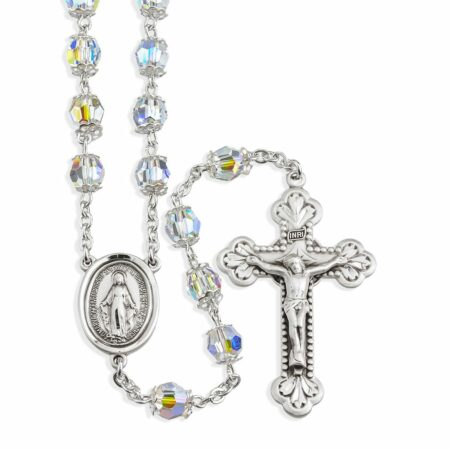 Sterling Silver Rosary Hand Made with Swarovski Crystal 7mm Aurora Borealis Beads by HMH