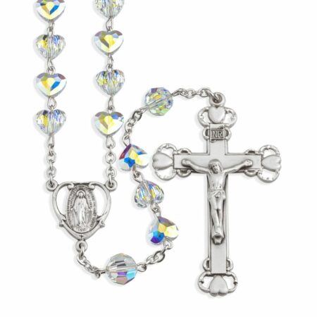 Sterling Silver Rosary Hand Made with Swarovski Crystal 8mm Aurora Borealis Heart Shape Beads by HMH