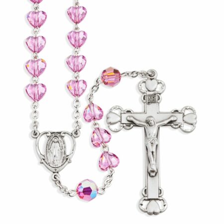 Sterling Silver Rosary Hand Made with Swarovski Crystal 8mm Pink Heart Shape Beads by HMH