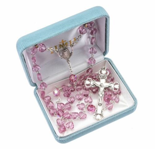 Sterling Silver Rosary Hand Made with Swarovski Crystal 8mm Pink Heart Shape Beads by HMH - Image 2