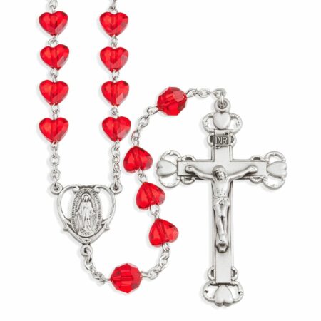 Sterling Silver Rosary Hand Made with Swarovski Crystal 8mm Red Heart Shape Beads by HMH