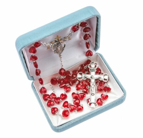 Sterling Silver Rosary Hand Made with Swarovski Crystal 8mm Red Heart Shape Beads by HMH - Image 2