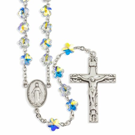 Sterling Silver Rosary Hand Made with Swarovski Crystal 8mm Aurora Borealis Flower Shape Beads by HMH