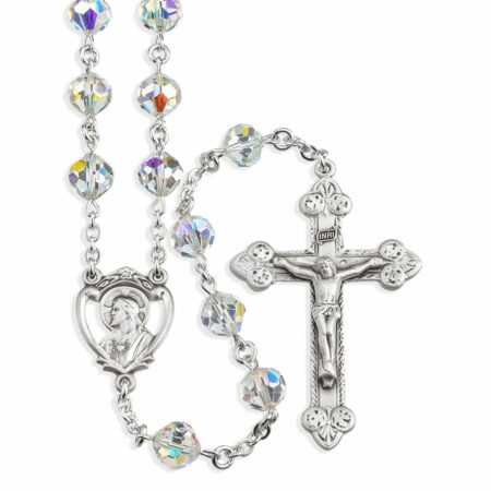 Sterling Silver Rosary Hand Made with Swarovski Crystal 8mm Aurora Borealis Sphere Shape Beads by HMH